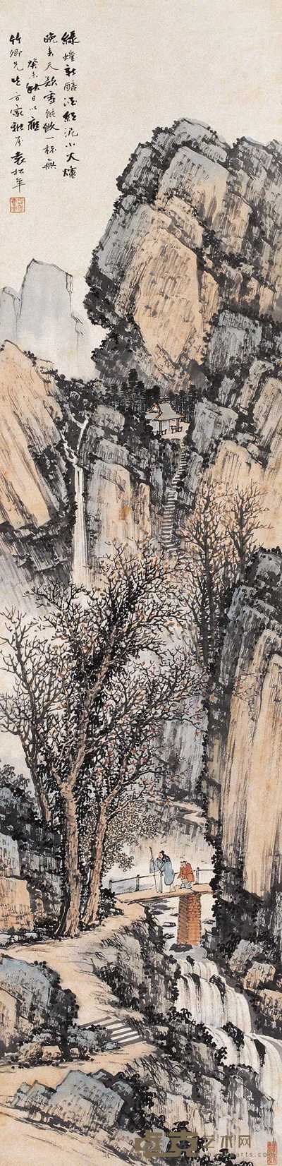 袁松年 1943年作 溪桥策杖 立轴 130×31cm
